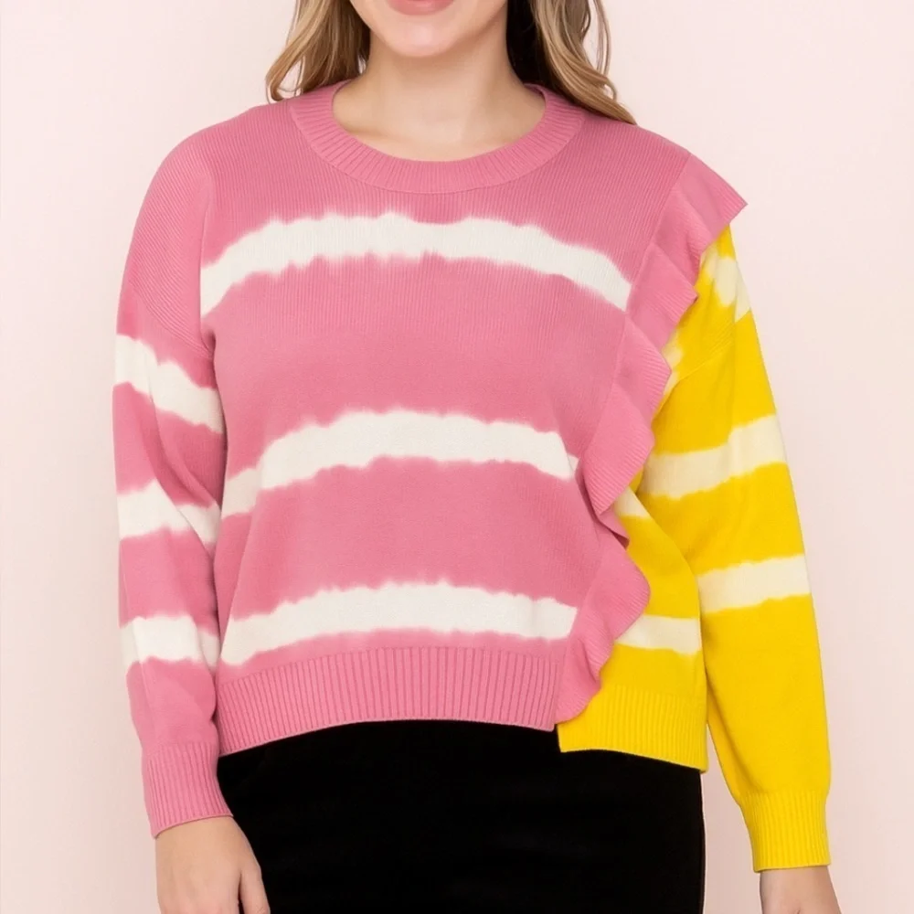Parker Tie Dye Pink Yellow Jorja Asymmetrical Striped Sweater Preloved Size XL